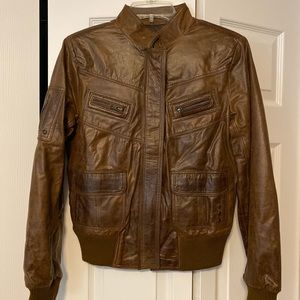 Brown leather bomber jacket